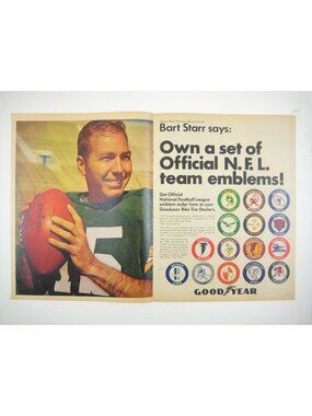 Vintage 1960s Goodyear NFL Team Emblems Print Ad Centerfold Bart Starr Green Bay